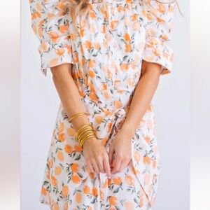 Karlie Orange and White Peaches Button Up Puff Sleeve Dress